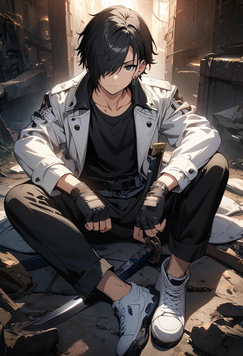 (masterpiece:1.2),best quality,highres,extremely detailed CG,perfect lighting,8k wallpaper,anime,comic,game CG,1boy, gloves, fingerless gloves, weapon, black hair, male focus, sitting, black gloves, solo, sword, shirt, black pants, pants, shoes, earrings, white footwear, closed mouth, looking at viewer, black shirt, jewelry, short hair, collared shirt, white jacket, hair between eyes, katana, sneakers, collarbone, ear piercing, sheath, jacket, full body, bangs, hair over one eye, black eyes