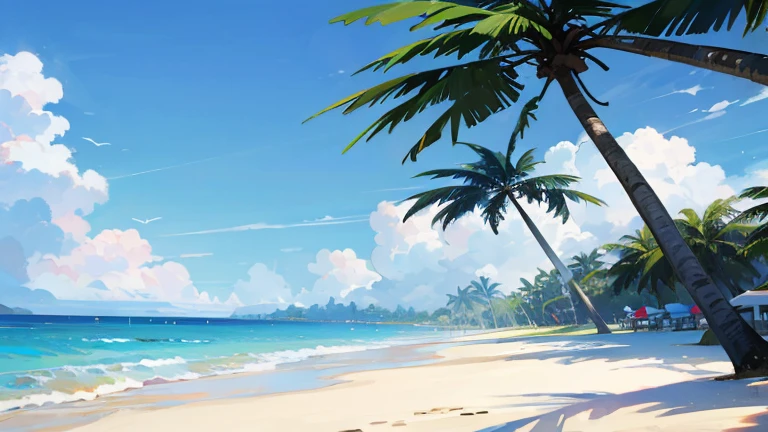 summer,beachside,There are coconut trees,with blue sky and white clouds,There are planes in the sky,There are waves ,There are people walking by the sea,There is a sun umbrella,There is a deck chair under the umbrella
