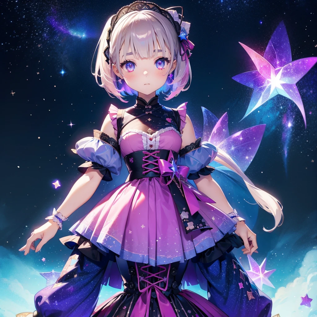 1girl、vtuber-fullbody、Star Fairy、「A beautifully printed galaxy patterned kimono and gothic ****ta outfit.、Space pattern box pleated mini skirt with ruffles、Front full body portrait、enchanting eyes、Perfect and stunning face、exquisite details、clear image、highest quality。」short hair、