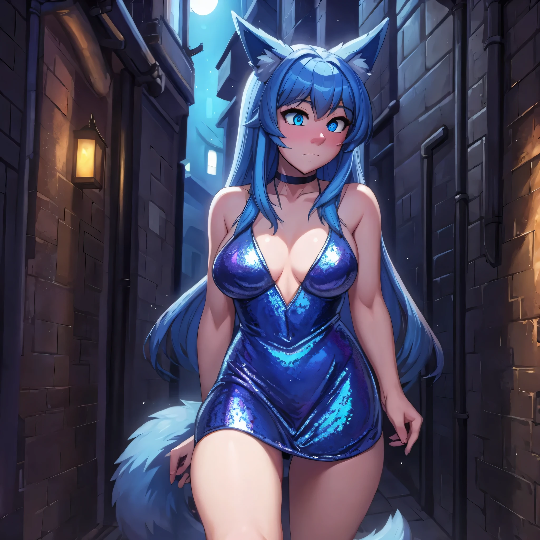 (Masterpiece) (High Detail) (High Res) Close up of A Short Humanoid Girl with pale human skin and blue eyes and long blue straight hair and blue dog ears and a fluffy blue dog tail and average breasts. She is wearing a blue sequin dress and She is walking in a dark alleyway at night-time. She looks nervous. There are several dark shadowy figures behind her reaching out to try and grab her. 
