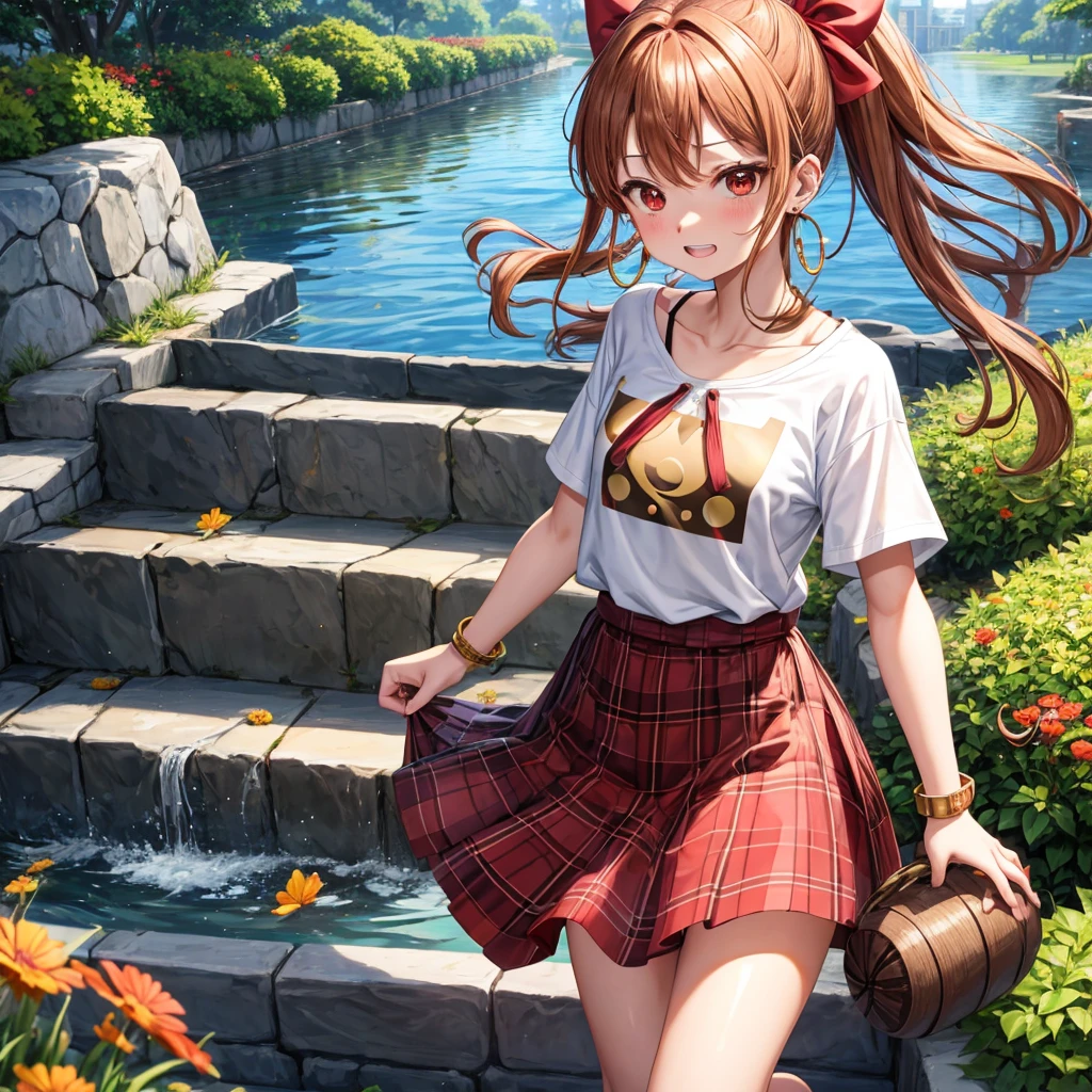 Brown, red, gold, golden hair、red eyes、one good looking girl、solo、anime、plaid mini skirt、black camisole、black t-shirt、hoodie、wearing a ribbon、ribbon at waist、Crystal Earrings、treasure石のネックレス、Light and shadow、Tilting face、teeth are visible、pillar、kind face、Kuroko、Diamond dust、grassland、Water running down the stairs、overflowing、Ants are walking、sulking、is increasing、treasure