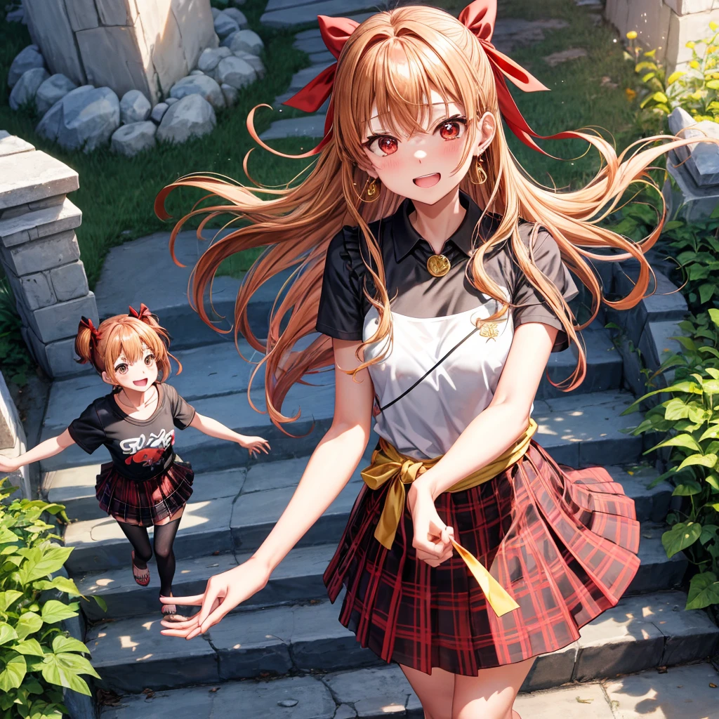 Brown, red, gold, golden hair、red eyes、one good looking girl、solo、anime、plaid mini skirt、black camisole、black t-shirt、hoodie、wearing a ribbon、ribbon at waist、Crystal Earrings、treasure石のネックレス、Light and shadow、Tilting face、teeth are visible、pillar、kind face、Kuroko、Diamond dust、grassland、Water running down the stairs、overflowing、Ants are walking、sulking、is increasing、treasure