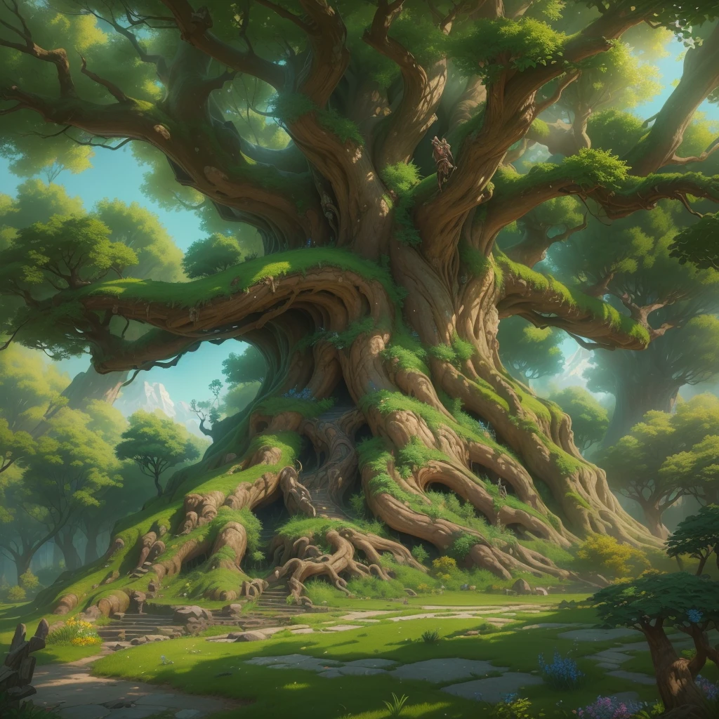 ((Create a majestic tree, a giant giant, ((OAK)), with a lush crown reaching high into the sky), (a bizarre and extensive root system, with many passages and tunnels))_((Picture in fantasy style), (motif : J. Tolkien, The Lord of the Rings), (legendary atmosphere, ancient Celts, Druids, the era of mythical dragons and knights))_((Sunny, spring day, blue sky visible through thick, intricate branches), (spring flowers), (fantasy ), (green leaves))_((Intricate and complex system of roots), (tunnel-labyrinths), (Celtic runes cover a tree trunk with ornaments), (knight's shields, swords and helmets are located in the composition))_((Sunny day, (warm light), (cool shadows), (ray tracing), (caustic), (fill light), (backlight), (midday))_((Stylized image, animation style), (clear graphic design, color fill) , (three-dimensional visualization simulating comics, anime), (Unity), (unreal engine), (Riot games), (Blizzard))_((Highest quality, masterpiece, best execution), (award-winning work), (special attention to details, compositional elements, overall proportions ((epic ancient oak, in the spotlight)))_ ((Soft clear shapes, broad strokes, attention to detail))_((High quality, 16K | Ultra HD | Full HD)).