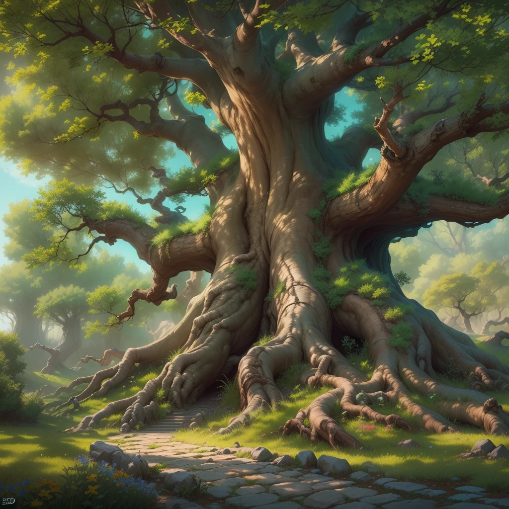 ((Create a majestic tree, a giant giant, ((OAK)), with a lush crown reaching high into the sky), (a bizarre and extensive root system, with many passages and tunnels))_((Picture in fantasy style), (motif : J. Tolkien, The Lord of the Rings), (legendary atmosphere, ancient Celts, Druids, the era of mythical dragons and knights))_((Sunny, spring day, blue sky visible through thick, intricate branches), (spring flowers), (fantasy ), (green leaves))_((Intricate and complex system of roots), (tunnel-labyrinths), (Celtic runes cover a tree trunk with ornaments), (knight's shields, swords and helmets are located in the composition))_((Sunny day, (warm light), (cool shadows), (ray tracing), (caustic), (fill light), (backlight), (midday))_((Stylized image, animation style), (clear graphic design, color fill) , (three-dimensional visualization simulating comics, anime), (Unity), (unreal engine), (Riot games), (Blizzard))_((Highest quality, masterpiece, best execution), (award-winning work), (special attention to details, compositional elements, overall proportions ((epic ancient oak, in the spotlight)))_ ((Soft clear shapes, broad strokes, attention to detail))_((High quality, 16K | Ultra HD | Full HD)).
