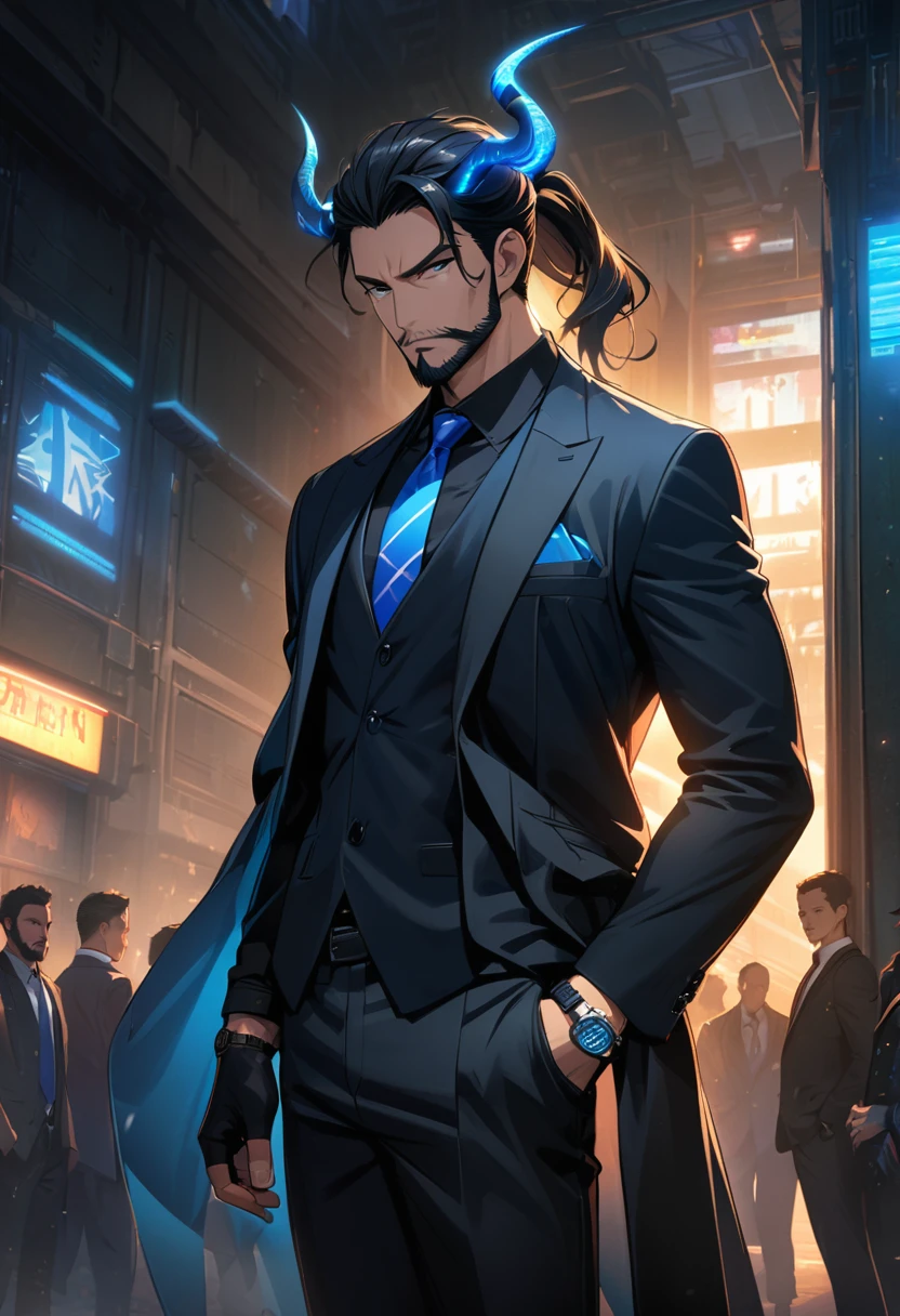 FF,(masterpiece:1.2),best quality,highres,extremely detailed CG,perfect lighting,8k wallpaper,anime,comic,game CG,solo, male focus, watch, necktie, hand in pocket, tattoo, gloves, black hair, pants, shirt, facial hair, wristwatch, jacket, beard, 1boy, looking at viewer, vest, fingerless gloves, black gloves, collared shirt, ponytail, formal, standing, black pants, horns, glowing, multiple boys, arm tattoo, black shirt, suit, cowboy shot, open clothes, blue theme, blue necktie, coat