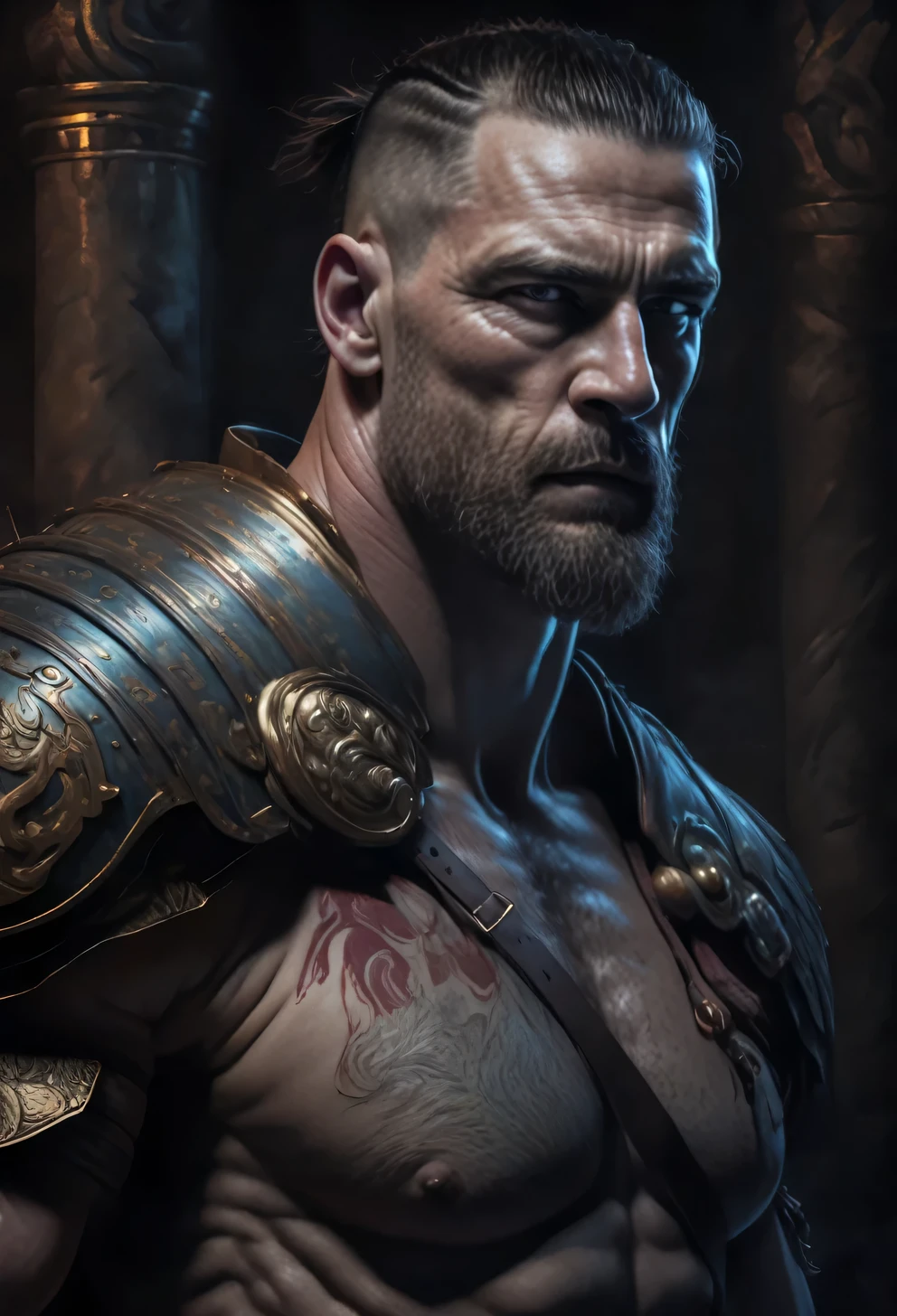 chiaroscuro technique on sensual illustration of an masculine, 26-year-old Italian male model, handsome Roman, (John Cena) he is the god of war, he is Ares, Mars, evil-looking, strong look, light blue eyes, strong jawline, dressed as a gladiator, ancient gladiator, male gladiator skirt, matte painting, by Harumi Hironaka, extremely soft colors, vibrant, pastel, highly detailed, digital artwork, high contrast, golden dramatic, refined, tonal, an intimate, seductive studio setting with a focus on sensuality and romance. Utilize soft, warm lighting that bathes the space in a gentle, inviting glow. Incorporate luxurious fabrics, plush furnishings, and a touch of decadence to evoke an opulent ambiance. The scene should exude an air of serenity and anticipation, inviting the viewer into a sensual and romantic space