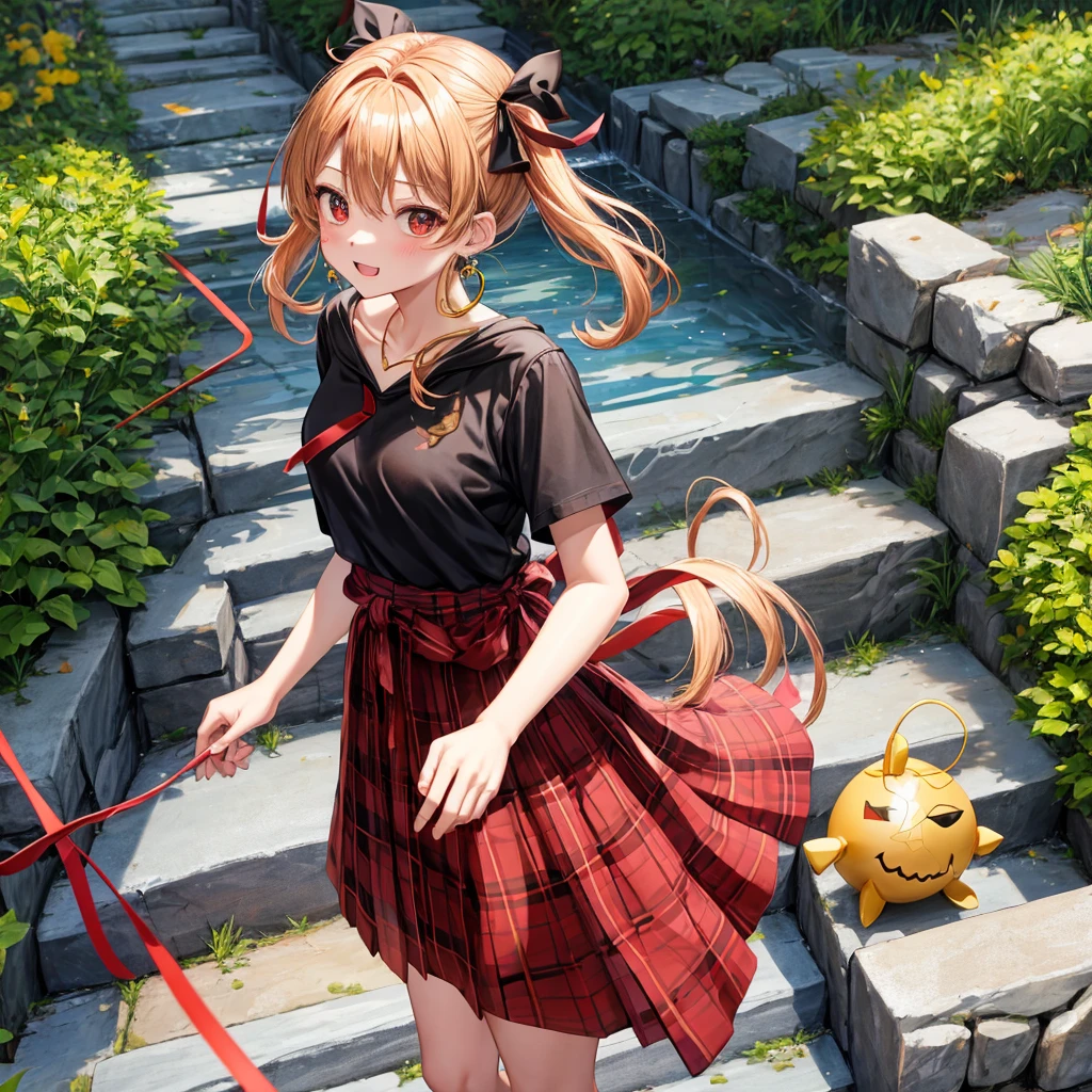 Brown, red, gold, golden hair、red eyes、one good looking girl、solo、anime、plaid mini skirt、black camisole、black t-shirt、hoodie、wearing a ribbon、ribbon at waist、Crystal Earrings、treasure石のネックレス、Light and shadow、Tilting face、teeth are visible、pillar、kind face、Kuroko、Diamond dust、grassland、Water running down the stairs、overflowing、Ants are walking、sulking、is increasing、treasure