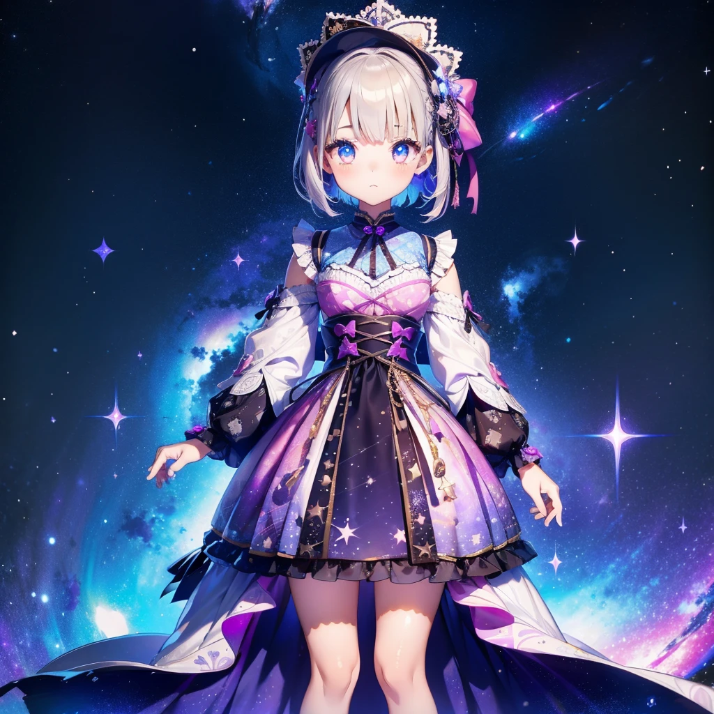 1girl、vtuber-fullbody、Star Fairy、「A beautifully printed galaxy patterned kimono and gothic ta outfit.、Space pattern box pleated mini skirt with ruffles、Front full body portrait、enchanting eyes、Perfect and stunning face、exquisite details、clear image、highest quality。」short hair、