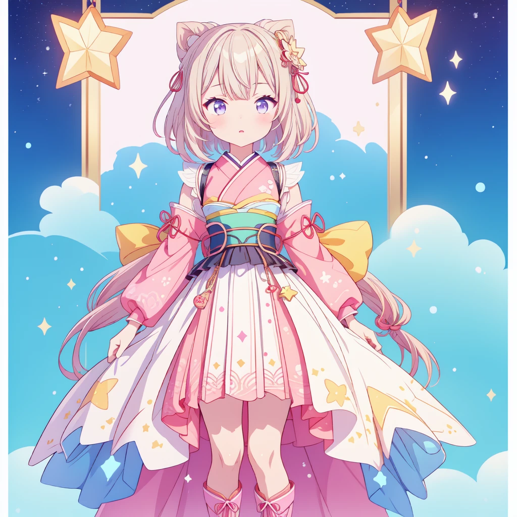 1girl、vtuber-fullbody、Star Fairy、masterpiece、official art、Super detailed、super beautiful、かわいいStar Fairy、white straight short hair、Milky Way、universe、star charm、star、、Knee-high boots、Japanese pattern dress、A beautiful girl wearing black and white clothes that are a remake of a yukata.、universeを思わせるOiranフリルドレス、Oiran
