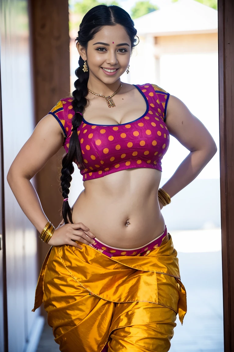 HD wallpaper 32k cinematic shoot of a Beautiful cute girl, with thick thighs and a curvy waist, twin braids, wearing an Indian blouse top, horny, seductively, in a school corridor, dotted blouse top, smiling, ((long curvy waist)), ((lowwaist)), ((curvy waist))