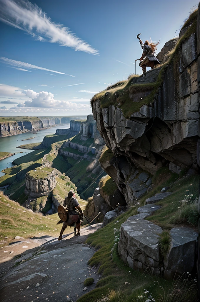 Draw an illustration for a ballad about a Viking where he fights mythical creatures on a cliffside