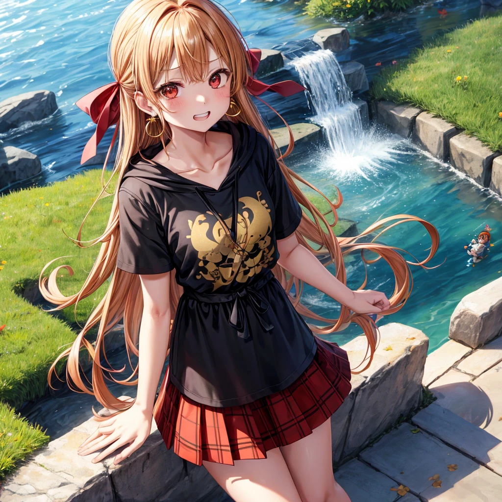 Brown, red, gold, golden hair、red eyes、one good looking girl、solo、anime、plaid mini skirt、black camisole、black t-shirt、hoodie、wearing a ribbon、ribbon at waist、Crystal Earrings、treasure石のネックレス、Light and shadow、Tilting face、teeth are visible、pillar、kind face、Kuroko、Diamond dust、grassland、Water running down the stairs、overflowing、Ants are walking、sulking、is increasing、treasure、Hope