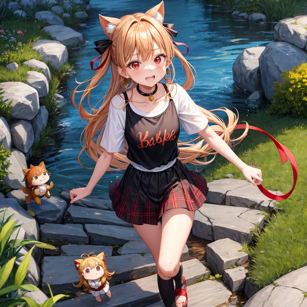 Brown, red, gold, golden hair、red eyes、one good looking girl、solo、anime、plaid mini skirt、black camisole、black t-shirt、hoodie、wearing a ribbon、ribbon at waist、Crystal Earrings、treasure石のネックレス、Light and shadow、Tilting face、teeth are visible、pillar、kind face、Kuroko、Diamond dust、grassland、Water running down the stairs、overflowing、Ants are walking、sulking、is increasing、treasure、Hope