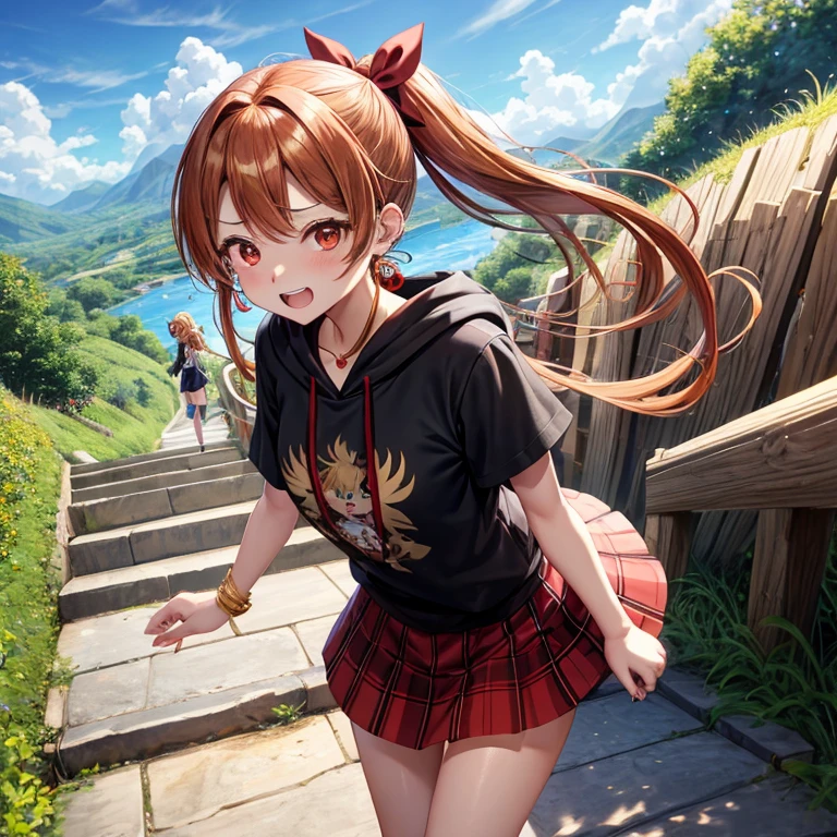 Brown, red, gold, golden hair、red eyes、one good looking girl、solo、anime、plaid mini skirt、black camisole、black t-shirt、hoodie、wearing a ribbon、ribbon at waist、Crystal Earrings、treasure石のネックレス、Light and shadow、Tilting face、teeth are visible、pillar、kind face、Kuroko、Diamond dust、grassland、Water running down the stairs、overflowing、Ants are walking、sulking、is increasing、treasure、Hope