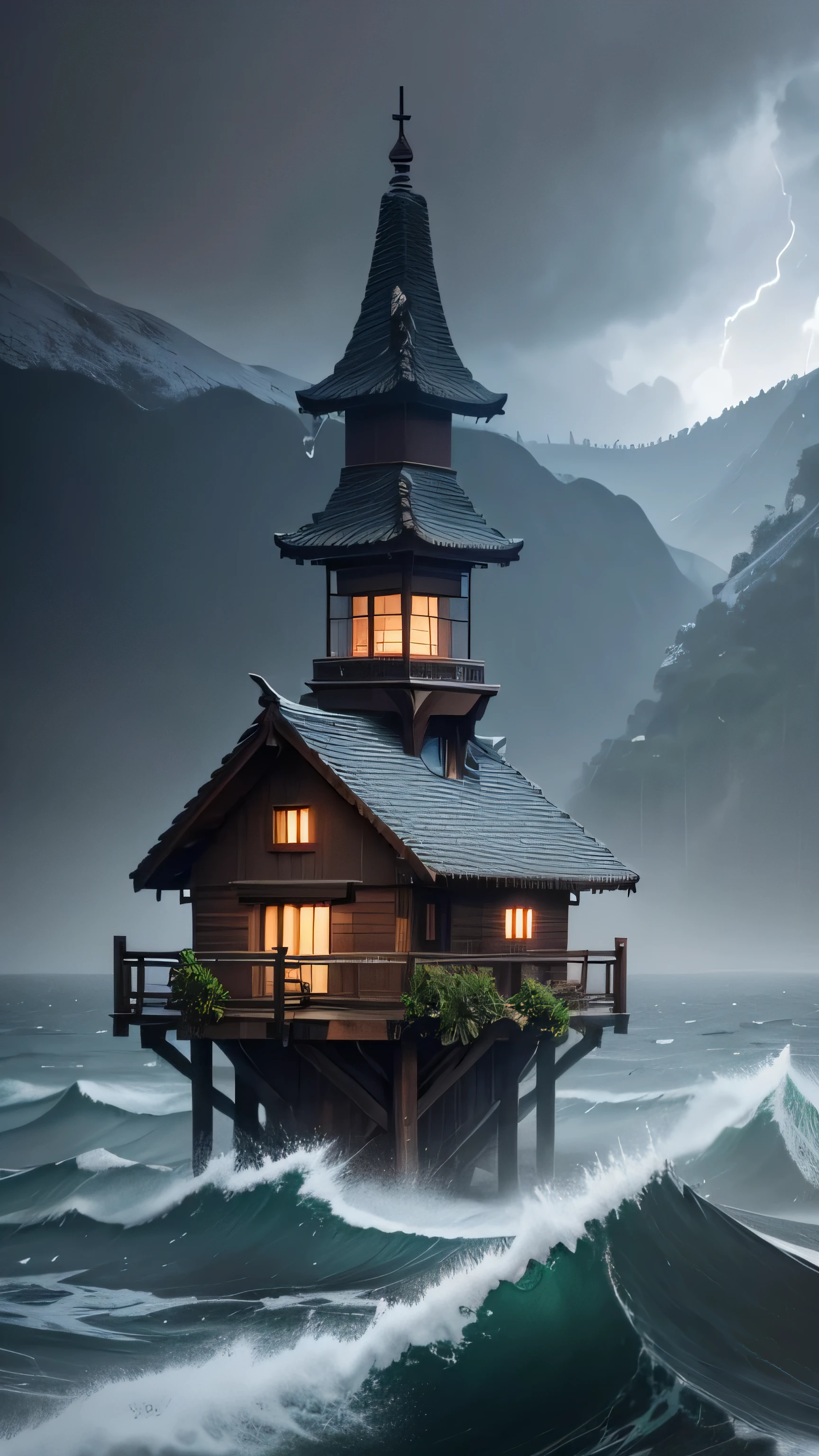 Pacific storm, rain, village, 8k