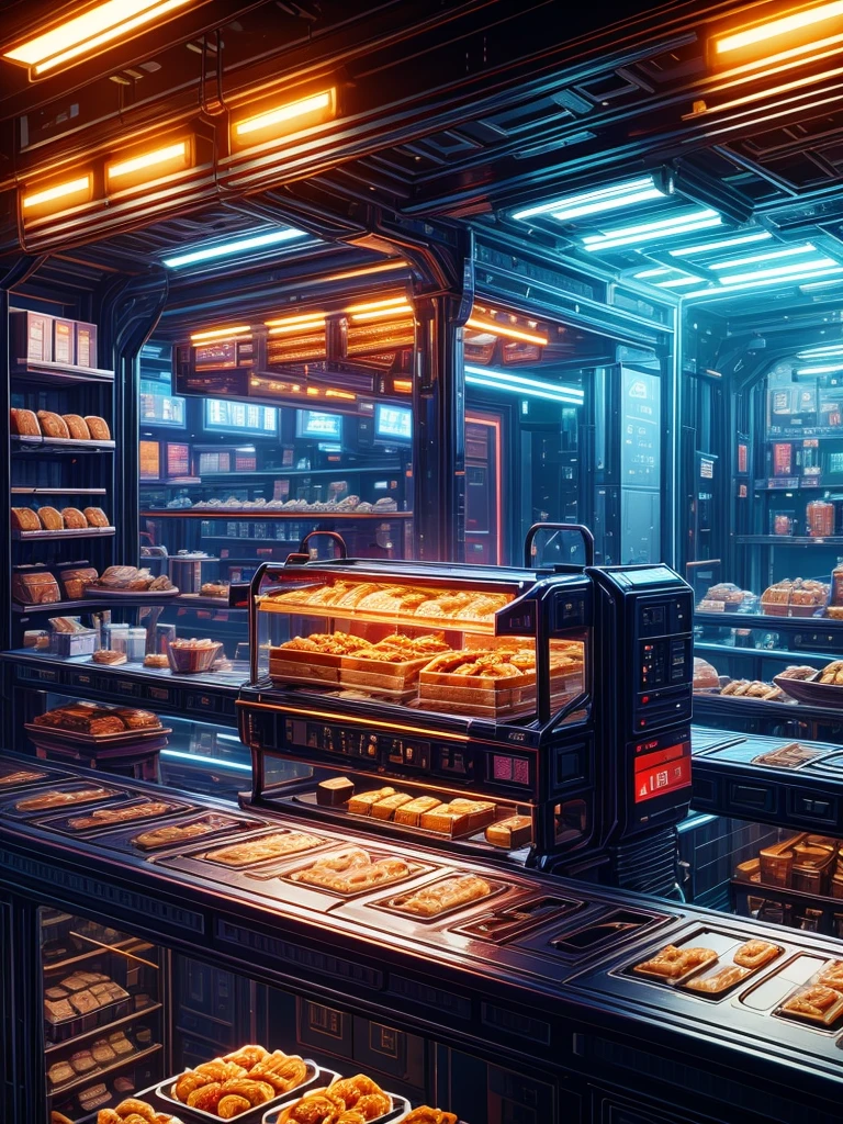 A girl selling breakfast, future, fast food stall, 製作Sandwiches, LED light, Colored LEDs, Sandwiches, drinks, Menus, Breakfast 5 euros, cute girl, ((extremely detailed face)),