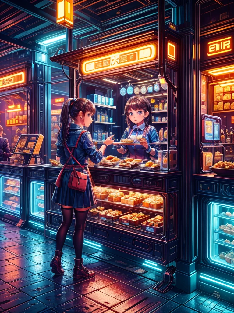 A girl selling breakfast, future, fast food stall, 製作Sandwiches, LED light, Colored LEDs, Sandwiches, drinks, Menus, Breakfast 5 euros, cute girl, ((extremely detailed face)),