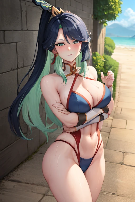 masterpiece, best quality, beautiful art, high resolution, well formed hands, body and fingers, 1 woman, solo, Xianyun, adult, big breasted, cleavage, full body, long  hair, hair ornament, gorgeous legs and thighs, smile, wearing a Tyris Flare outfit, sexy and skimpy bikini, she is fighting in a combat match at a martial arts tournament, she is getting ready to fight, making her guard pose, action and fighting scene, about to hit the viewer, looking at the viewer, sweating , feeling confident and proud, smiling joyfully and happily, charming her opponent with her beauty, fighting scene, martial arts tournament on the beach 