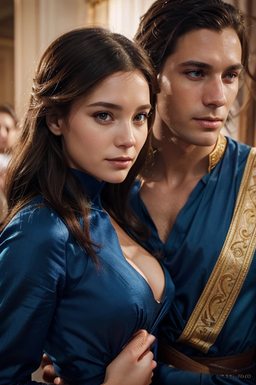 close-up of a man and woman in a blue dress, Royal Ball, European facial features, Charlie Bowater and Artgim, inspired Magali Villeneuve, romance novel cover, Magali Villeneuve, magali villeneuve and monet, Graphic artist Magali Villeneuve, Magali Villeneuve, Edmund Blair and Charlie Bowater, Charlie Bowater and Artgerm