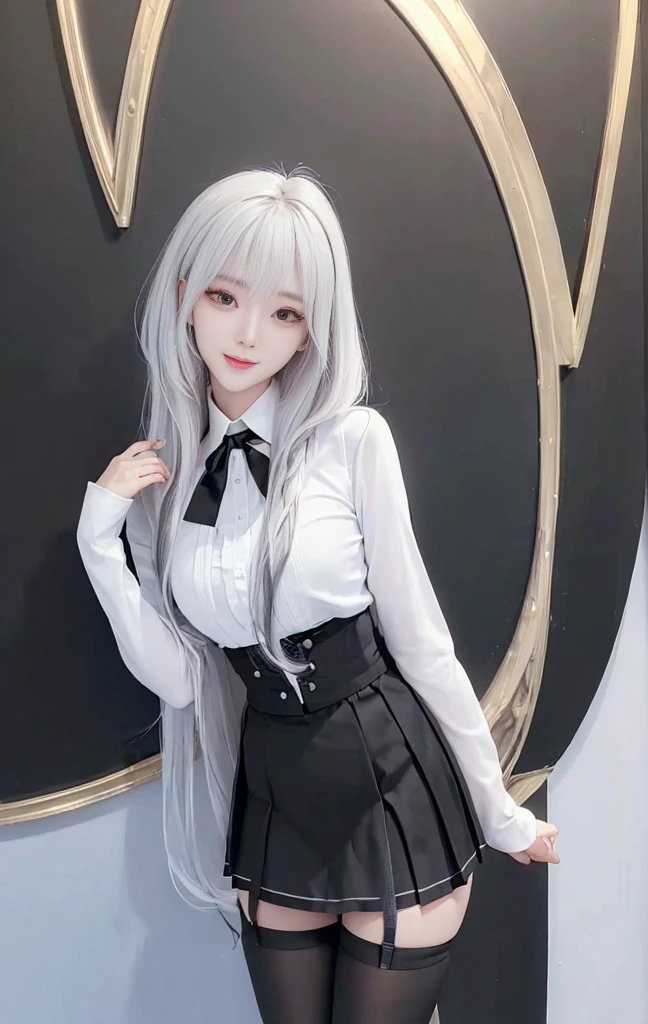(1 Korean star with royal sister style), ((Best quality, 8K, masterpiece: 1.3)), focal point: 1.2, Perfect body proportions: 1.4, (Make a smile), (Ray traching),Watery eyes, Highly Detailed Face and Skin Textur, Fine eyes, Double eyelids, Whitens the skin, (long whitr hair, Air bangs: 1.3), (face round: 1.5), (Skirt: 1.4), ,(black lence stockings: 1.4),(JK style:1.4)