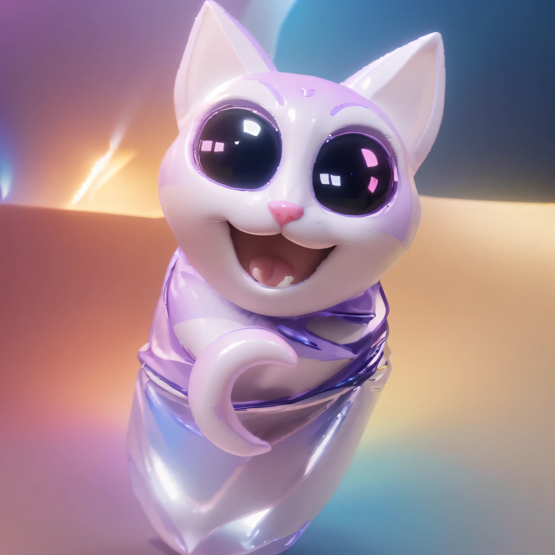 purple cat with a yellow crescent on a blue background, purple cat, beeple and jeremiah ketner, adorable digital painting, 3 d icon for mobile game, 3 d littlest pet shop cat, cat cat dreamcats, cat from the void, normal map, cute detailed digital art, cats cat dreamcats, cat. digital painting, cute 3 d render, nights. multiple light sources, rim light, sharp post effects render, (glossy plastic texture with multiple big light probe refractions), perfect cgi, cgi art created only with gradients, smooth silhouette, high intensity refraction, (plastic material), most beautiful vfx, blue background, plastic refractions. It in 4k resolution, allowing viewers to immerse themselves in the richness of the colors and intricate details. The realistic rendering. under the spotlight, reflecting, high-resolution image, realistic rendering, dark background, and rim light photorealistic 