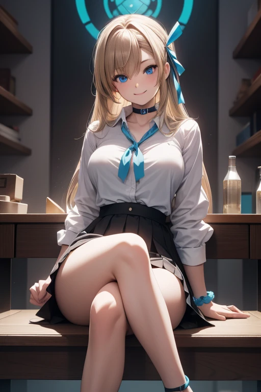 Asuna Ichinose, Asuna Ichinose, blonde hair, blue eyes, hair ribbon, hair ornaments, hair above one eye, Hello, long hair, mole, mole on breast, large breasts, mechanical Hello,
break bow, choker, clavicle, tight hips, dress shirt, hair Scrunchie, miniskirt, , Scrunchie, shirt, skirt, looking at viewer, smiling, sitting, crossed legs,
break classroom, full body,
break (masterpiece:1.2), highest quality, High resolution, unity 8k wallpaper, (figure:0.8), (beautiful and fine eyes:1.6), highly detailed face, perfect lighting, Very detailed CG, (perfect hands, perfect anatomy),