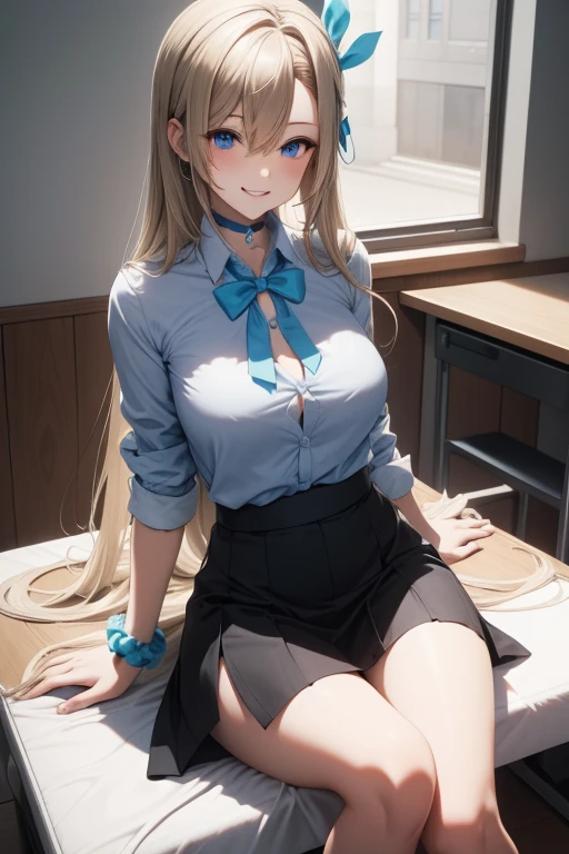 Asuna Ichinose, Asuna Ichinose, blonde hair, blue eyes, hair ribbon, hair ornaments, hair above one eye, Hello, long hair, mole, mole on breast, large breasts, mechanical Hello,
break bow, choker, clavicle, tight hips, dress shirt, hair Scrunchie, miniskirt, , Scrunchie, shirt, skirt, looking at viewer, smiling, sitting, crossed legs,
break classroom, full body,
break (masterpiece:1.2), highest quality, High resolution, unity 8k wallpaper, (figure:0.8), (beautiful and fine eyes:1.6), highly detailed face, perfect lighting, Very detailed CG, (perfect hands, perfect anatomy),