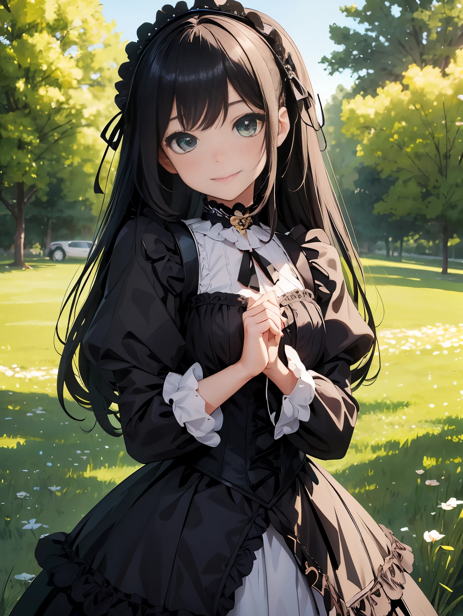 top-quality、8K Masterpiece、Draw the face in detail、1 childish girl、Gothic Lolita costume、kawaii pose、professional lighting、Happy expression、Shiny black hair、perfect anatomy、In a green meadow
