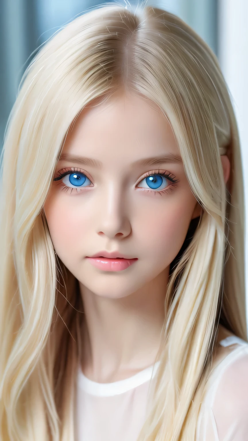 Super long, silky blonde hair、messy bangs between eyes、Very cute, beautiful and stunning girl、So perfect beautiful cute face、Very large, clear, beautiful, bright, pale sky blue eyes、very big eyes、white glossy skin、gross face、cheek gloss highlight、small face beautiful girl、gentle expression