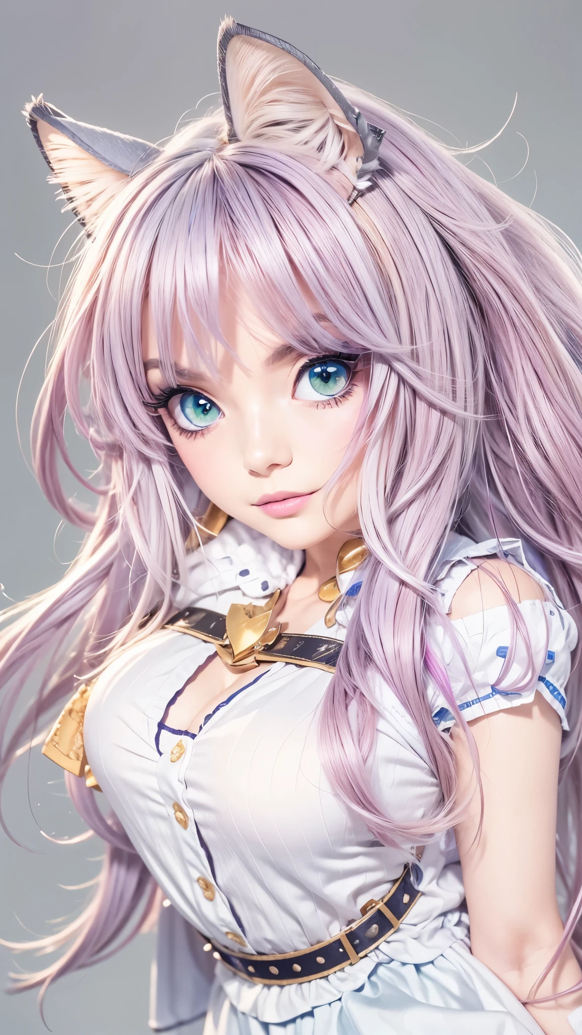 1girl, animal_ear_fluff, animal_ears, bangs, bare_shoulders, black_hair, blush, breasts, cat_ears, closed_mouth, eyebrows_visible_through_hair, green_eyes, grey_background, hair_between_eyes, karyl_(princess_connect!), long_hair, looking_at_viewer, medium_breasts, multicolored_hair, shirt, simple_background, sleeveless, sleeveless_shirt, solo, upper_body, white_background, white_shirt, 