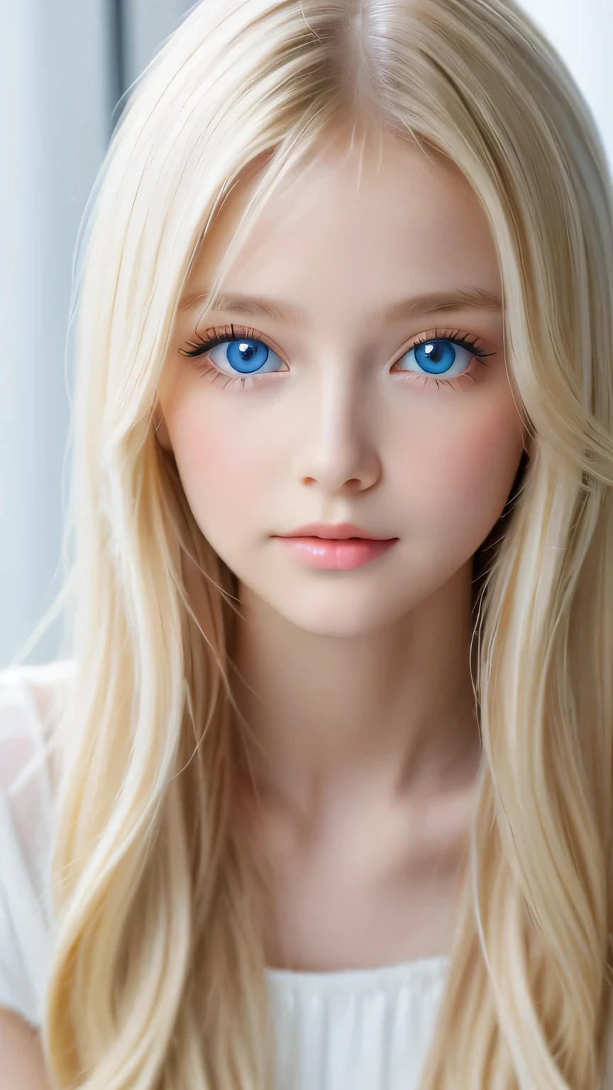 Super long, silky blonde hair、messy bangs between eyes、Very cute, beautiful and stunning girl、So perfect beautiful cute face、Very large, clear, beautiful, bright, pale sky blue eyes、very big eyes、white glossy skin、gross face、cheek gloss highlight、small face beautiful girl、gentle expression
