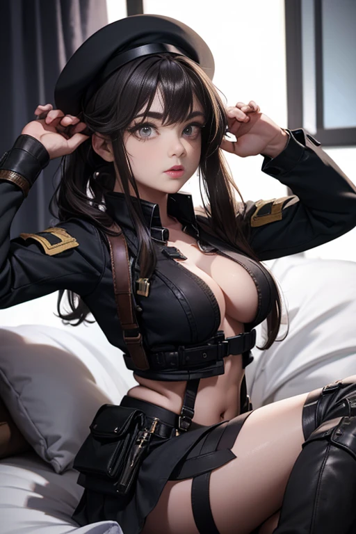 ubel,dark green hair,long hair,side ponytail,hair between eyes,bangs, (beret, black jacket, open clothes, cleavage, midriff, (Make the subject look three-dimensional with the contrast of light and shadow),Cute and beautiful 22yo girl,(masterpiece:1.2), best quality, high resolution, unity 8k wallpaper, (illustration:0.8), (beautiful detailed eyes:1.6), extremely detailed face, perfect lighting, extremely detailed CG, (perfect hands, perfect anatomy),Brown hair,watching at viewers,black suspenders,(Bulging ,big breasts:1.1),tacticul jacet,Black miniskirt,garters,Gaze,Small face,bangss,holster,Belt Armament,Beautuful Women srestrained,hands up,sitting Lying in bed,Leg holster ,Gaze,black boots,panty shot