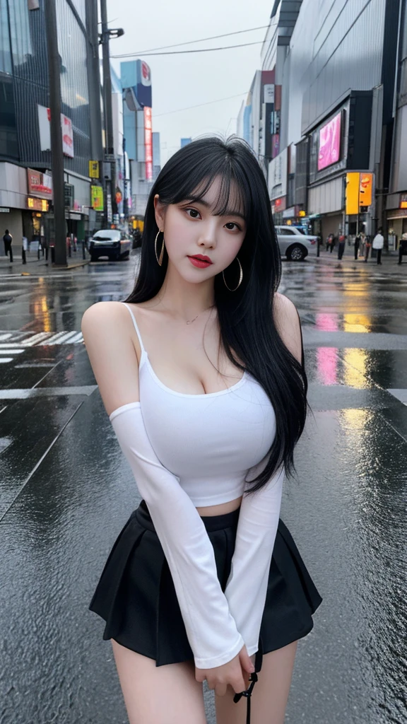 cyber punk, highest quality, masterpiece, figure, realistic, photo-realistic, wonderful, finely, Super detailed, High resolution, very detailed, Unity 8k wallpaper, Full shot of a beautiful young woman with Korean features resembling a popular actress. black tank top, black mini skirt, white sneakers, small breasts, Thin, Her exposed skin glistens with droplets from a heavy rain. She has pink and bluish eyeshadow, bangs,medium hair, head, and arms. standing and looking at me。A confident expression, Alleys in Tokyo, Heavy rain and puddles reflecting. Uses ray tracing and volumetric lighting. narrow eyes, elongated eye shape, Three white eyes, evil look, very slender and beautiful legs, Beautiful very thin thighs, earrings,A slightly drunk look