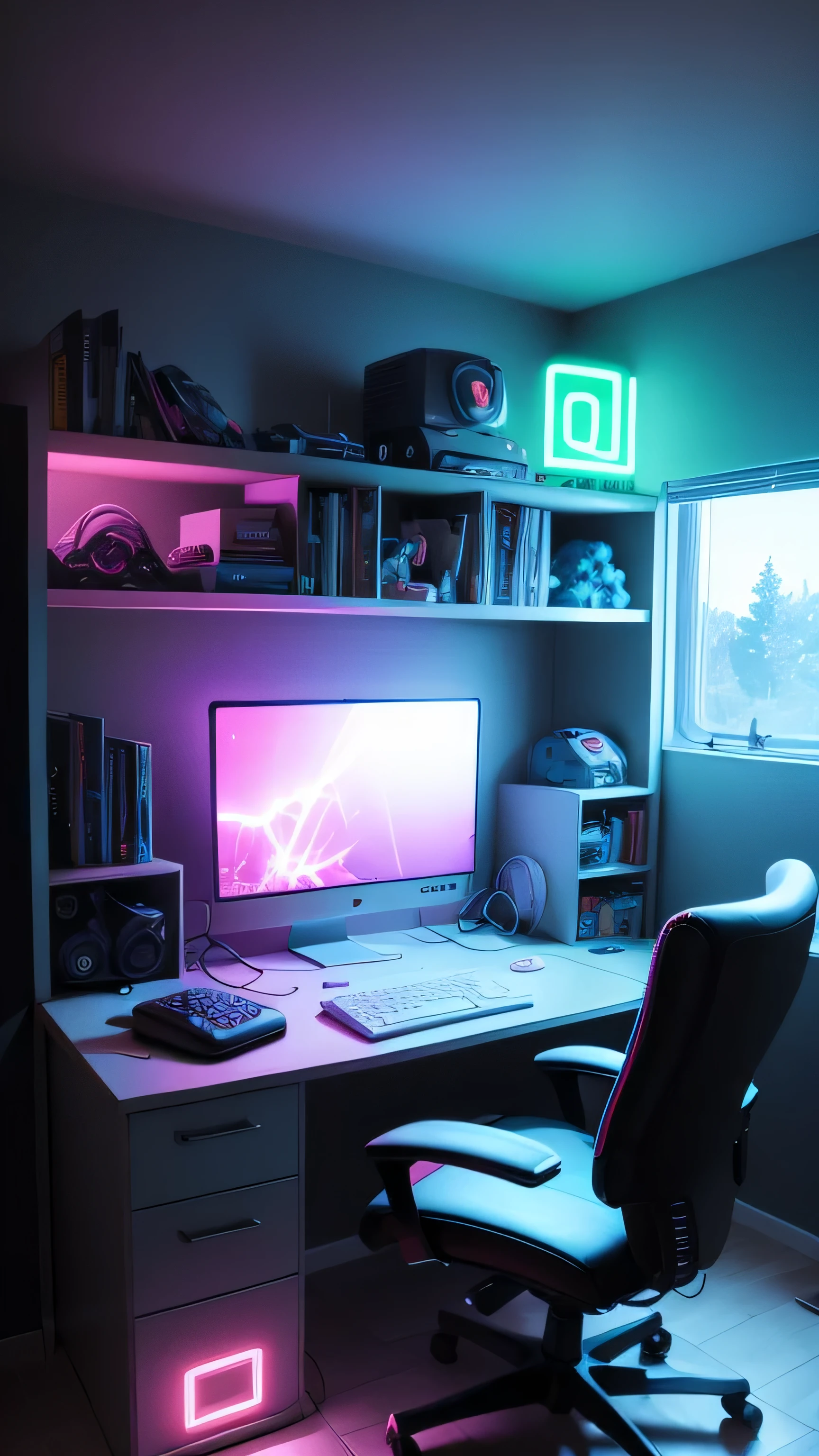 gamer-style men's bedroom design, computer, neon light, toys, with LED lights, 8k