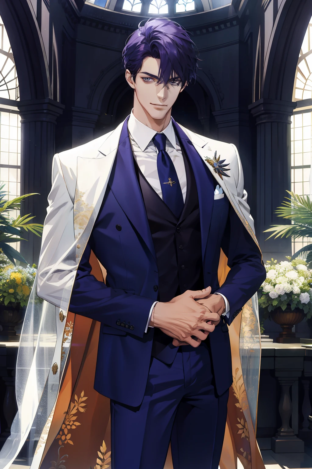 (absurderes,A high resolution,ultra - detailed),1 male,AS-Adult,handsome,Tall muscular man,a broad shouldered,Fine and detailed eyes and detailed face,Business suit,Manteau blanc,ln the forest,ssmile,rays of sunshine,rays of sunshine,Weddings,Side Body,Purple pants,(Side Body,45° viewing angle)