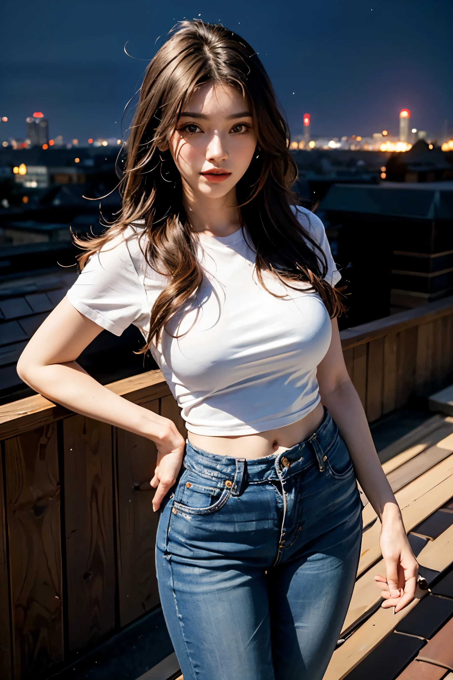((midnight, highest quality, 8K, masterpiece :1.3)), whole body, long legs, sharp focus :1.2, beautiful woman with perfect figure :1.4, thin abs :1.1, ((dark brown hair, big breasts :1.2)), (white tight t-shirt, bib jeans, Are standing:1.2), ((night city view, rooftop:1.3)), Highly detailed face and skin texture, fine eyes, double eyelid