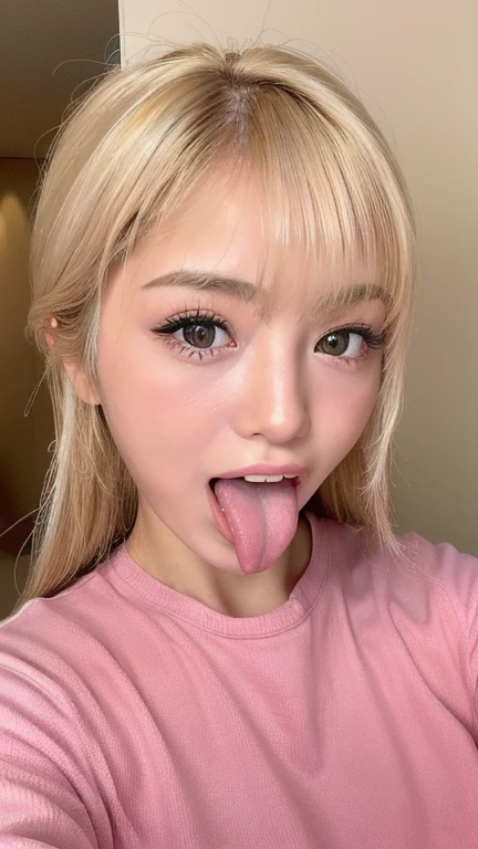 Japanese woman, beautiful girl, gal, blonde, baby face, highest quality realistic skin, eyes in focus, 20 years old, sticking out tongue, focus on mouth, open mouth, long tongue, saliva, open mouth wide, inside of mouth visible, open mouth and sticking out tongue 