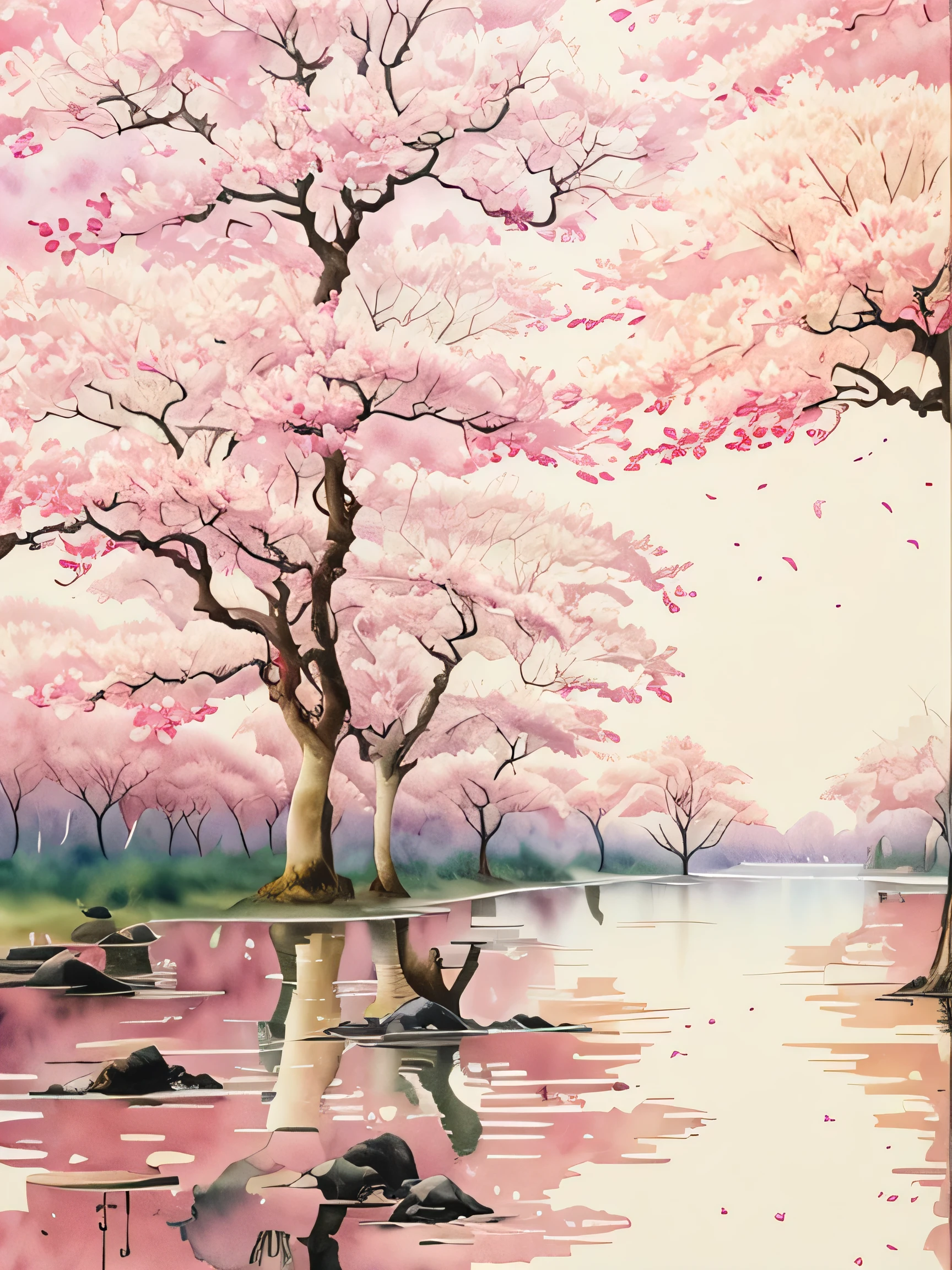 (best quality,8k,highres,masterpiece:1.2),ultra-detailed,(realistic:1.37),oil painting of a pink tree in the middle of a lake, cherry blossom forest, beautiful and peaceful anime scene, cherry blossom tree, landscape artwork, pink tree by a large lake, Chinese watercolor style, highly detailed watercolor painting in 8k, flowing cherry blossom-colored silk, in a serene landscape, Japanese painting, Japanese watercolor painting