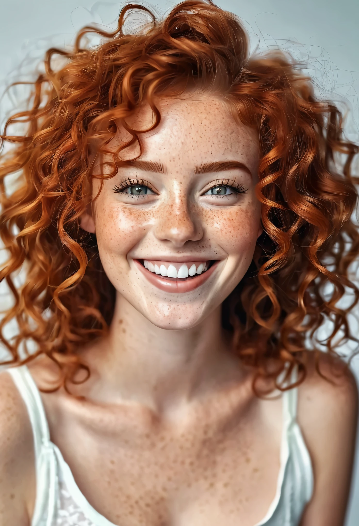 beautyfull curly redhead girl,big smile, little freckles, realistic portrait 