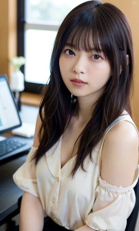 masterpiece、highest quality、16K、High resolution、UHD,Depth of the bounds written、very detailed、soft light、professional lighting、Pale shading、Weak contrast、Japanese、beautiful girl、Slender woman、daytime office、Window seat、sitting in front of the computer、A tight pastel-colored ensemble that clings to the breasticro mooth and beautiful thighs:1.6)、(small breast:1.0)、Faint cleavage、fine and beautiful eyes、(hanging eyes)、(thin eyebrows)、(thin lips)、gentle smile、(long wavy hair、high ponytail),(The bangs are see-through bangs)、