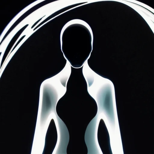 a close up of a person with a black hair and a white body, a still of an ethereal, unsettling image, female image in shadow, white glowing aura, ghostly form, anthropomorphic silhouette, fractal human silhouette, mysterious figure, symmetrical fullbody rendering, eerie person silhouette, ghostly figure, ultra ambient occlusion, single silhouette figure