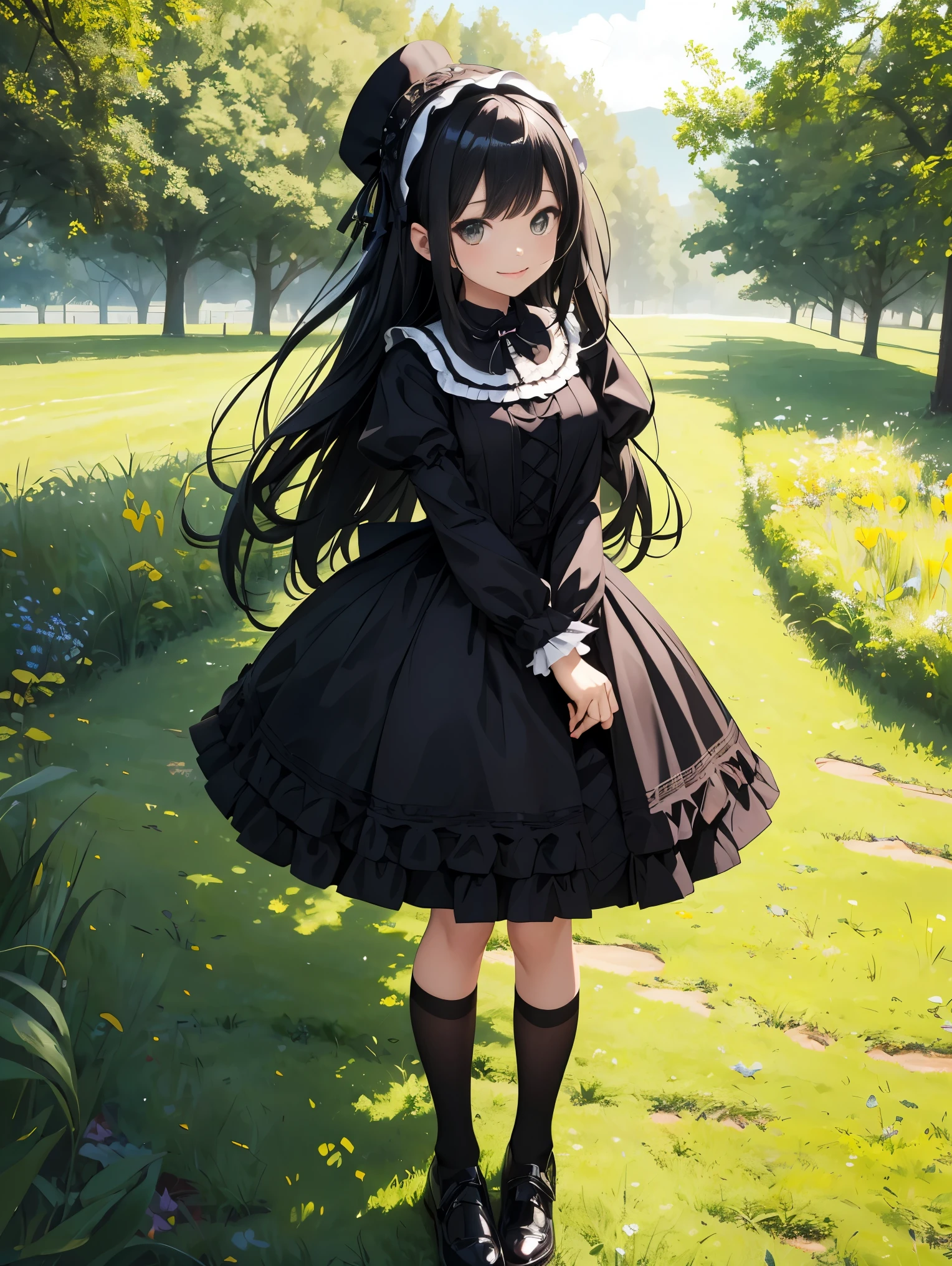 top-quality、8K Masterpiece、Draw the face in detail、1 ish girl、Gothic Lolita costume、Full body、kawaii pose、professional lighting、Happy expression、Shiny black hair、perfect anatomy、In a green meadow
