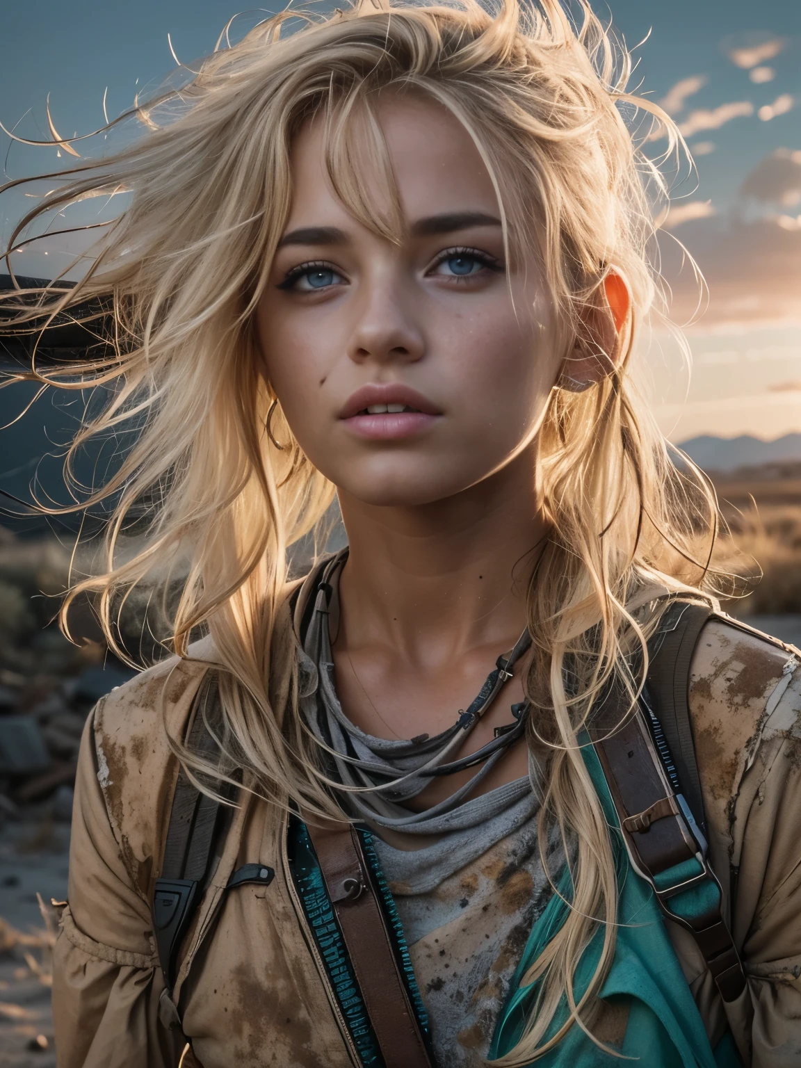 Masterpiece, Transitioning to a desert landscape at sunset, a lone figure, a beautiful 15 years old American teenage girl emerges wearing beautiful post apocalyptic nomadic clothes, white skin, blonde hair, blue-grey eyes, freckles on face, slim running body, small breasts, very detailed face, ultra realistic face, very beautiful face, clean but tired face, post-apocalyptic clothing. Layers of tattered fabric, unconventional accessories, and a weathered look create an aura of survival and resilience, 16K, ultra high res.photorealistic, UHD, RAW, DSLR