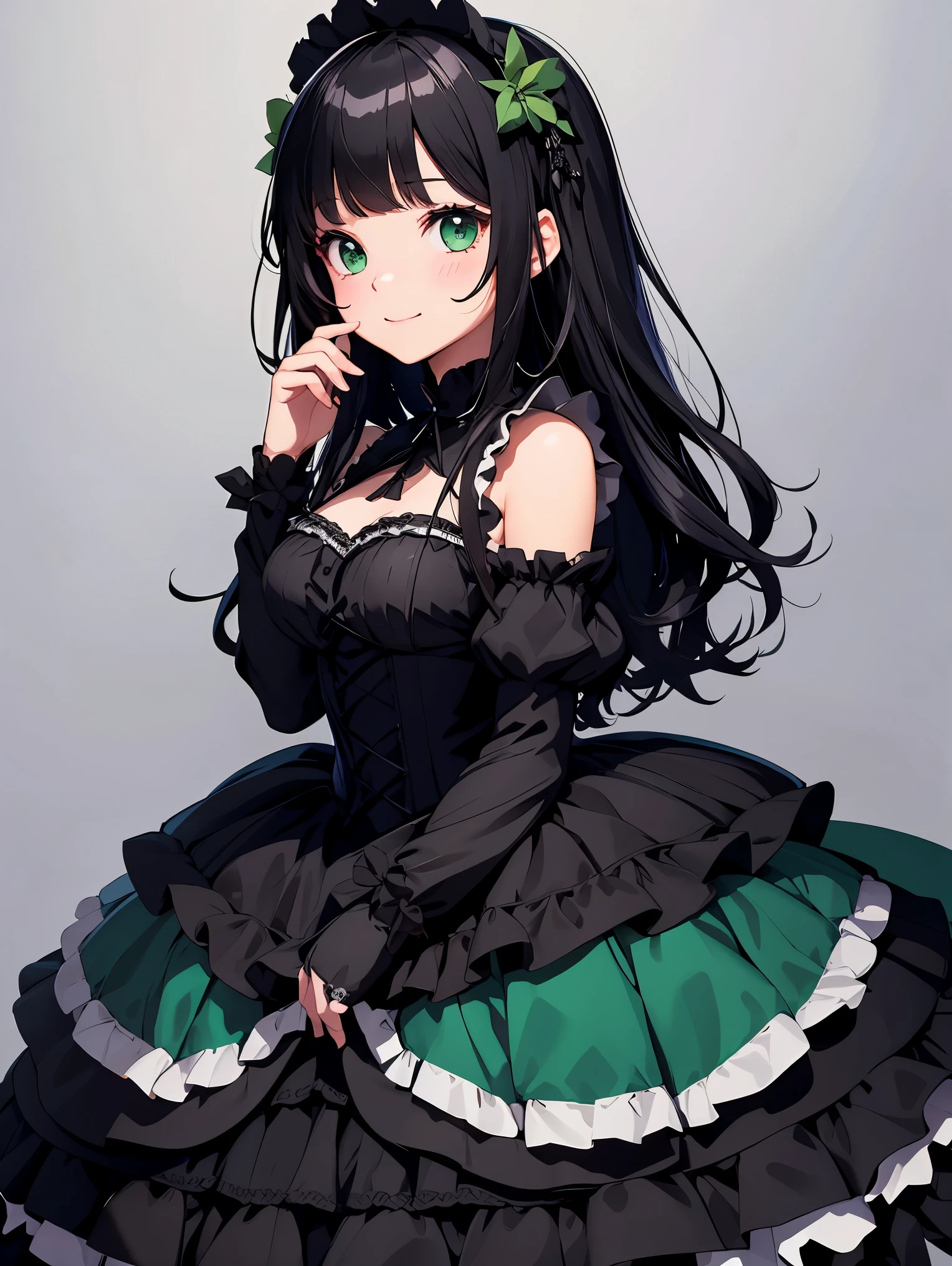 top-quality、​8K Masterpiece、Draw the face in detail、1 childish girl、Gothic Lolita costume、Full body、kawaii pose、professional lighting、Happy expression、Shiny black hair、perfect anatomy、In a green meadow