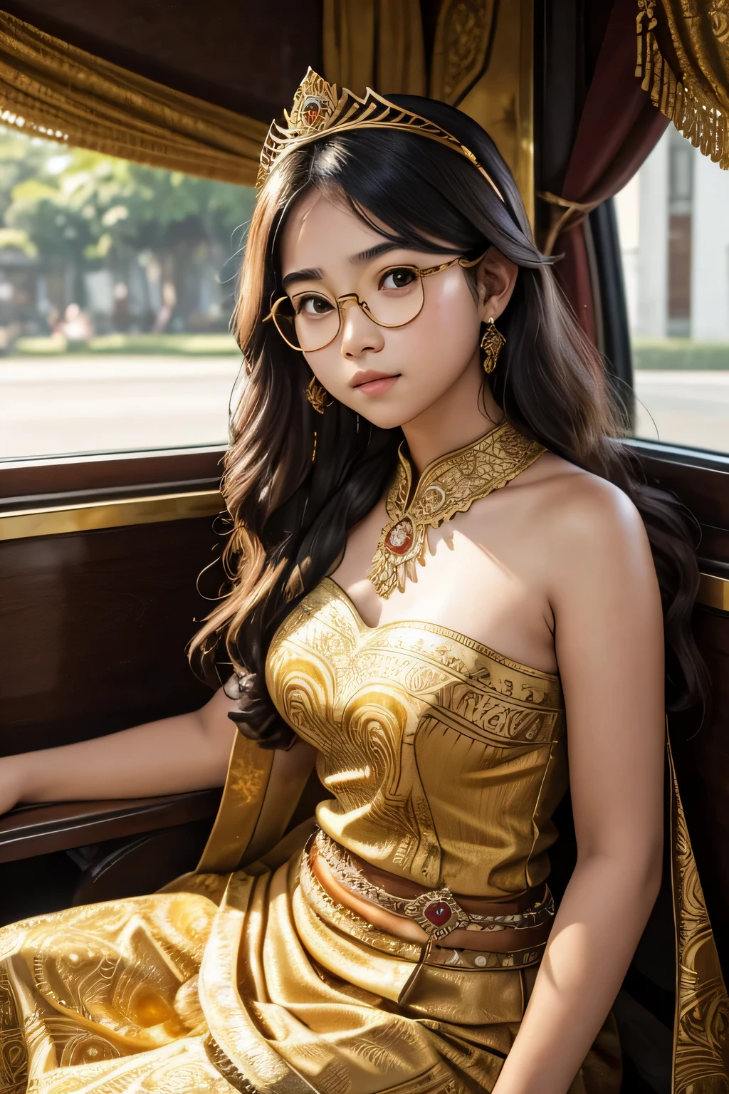 Detailed face of half body photo. 16 year old Indonesian girl with a sweet chubby face, big round face and long brown wavy hair, round glasses, wearing a gold Balinese kebaya style queen dress with a small gold crown, sleeveless strapless with a long skirt and batik carvings on the fabric, while sitting on a royal carriage that while raised her hand exposed her armpits