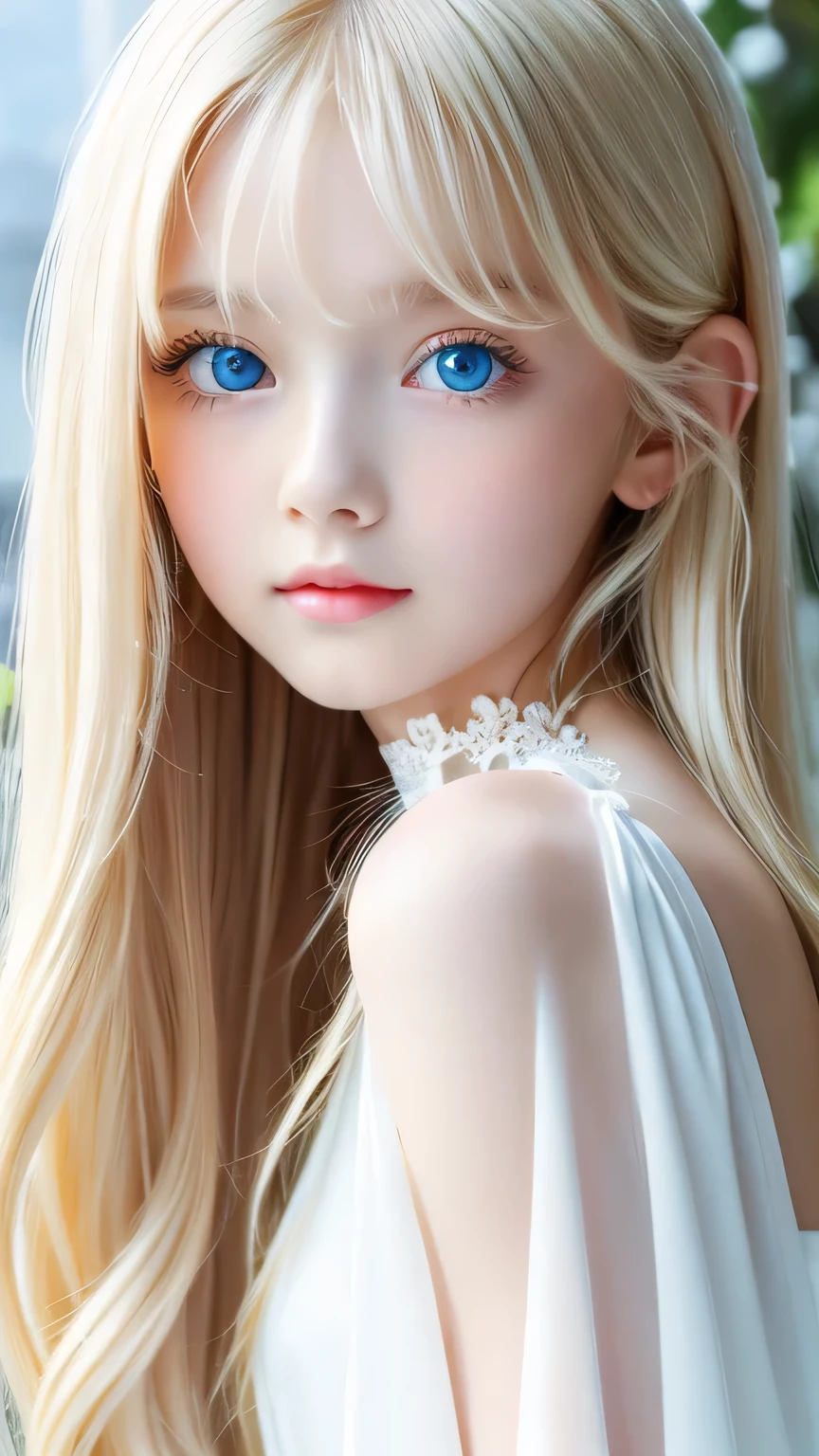 Super long, silky blonde hair、messy bangs between eyes、Very cute, beautiful and stunning girl、So perfect beautiful cute face、Very large, clear, beautiful, bright, pale sky blue eyes、very big eyes、white glossy skin、gross face、cheek gloss highlight、small face beautiful girl、gentle expression