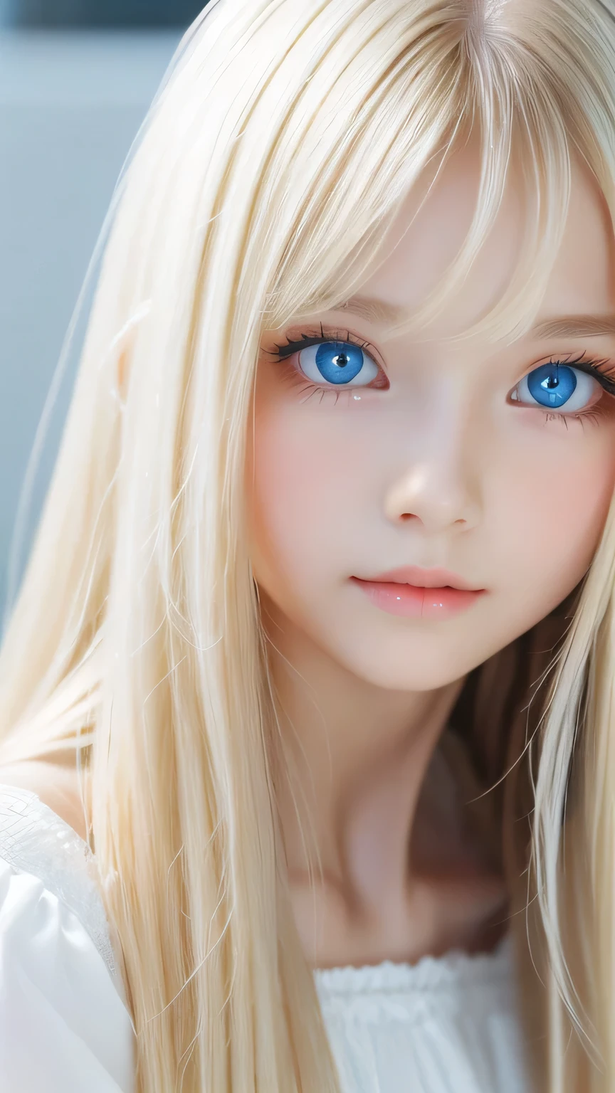 Super long, silky blonde hair、messy bangs between eyes、Very cute, beautiful and stunning girl、So perfect beautiful cute face、Very large, clear, beautiful, bright, pale sky blue eyes、very big eyes、white glossy skin、gross face、cheek gloss highlight、small face beautiful girl、gentle expression