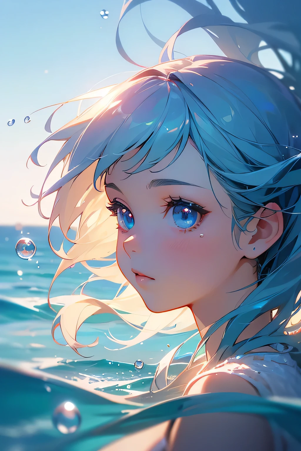 art by Cornflower, dreamy, (a girl who was and had beautiful detailed eyes. The depth of field in the photo was perfect, and the lens flare added a nice touch. The finely detailed features of her face really stood out, and the score for this photo was definitely greater than 10. In the background, there was a beautiful ocean with crystal clear water and water droplets on the surface. It was a stunning photo that really captured the beauty of the girl and the water.)