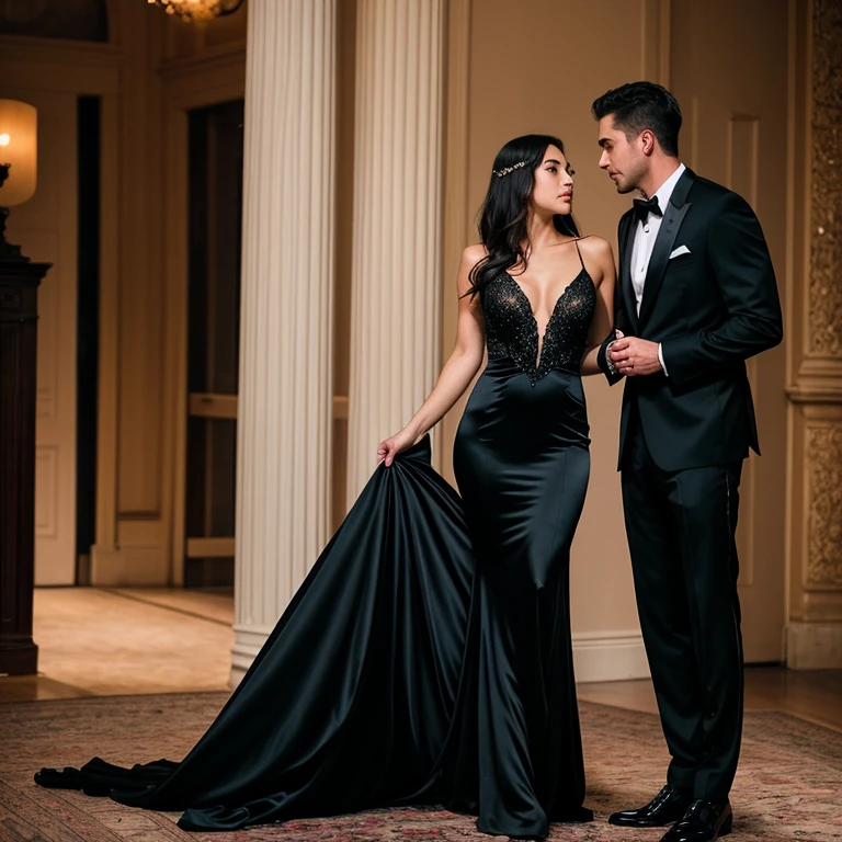 A captivating woman in a stunning black evening gown exudes confidence as she playfully engages with a handsome man in a tailored suit. With a seductive grin and a twinkle in her eye, she pushes the other guy aside, her silk gown flowing around her as she steps closer to her desired companion. He stands there, mesmerized by her allure, his gaze locked on her seductive form, as she positions herself between him and the intruder, asserting her dominance in the scene. The days may pass, but their moment of passion remains frozen in time.

Ultra-high-resolution, HDR, cinematic lighting, photo-realistic, depth