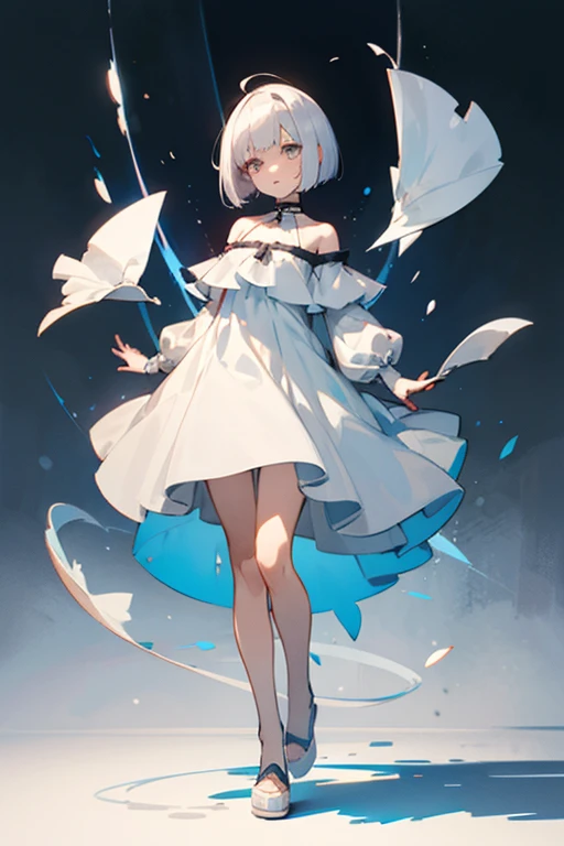 an anime girl full body with white short bob hair, white eyes, and white dress